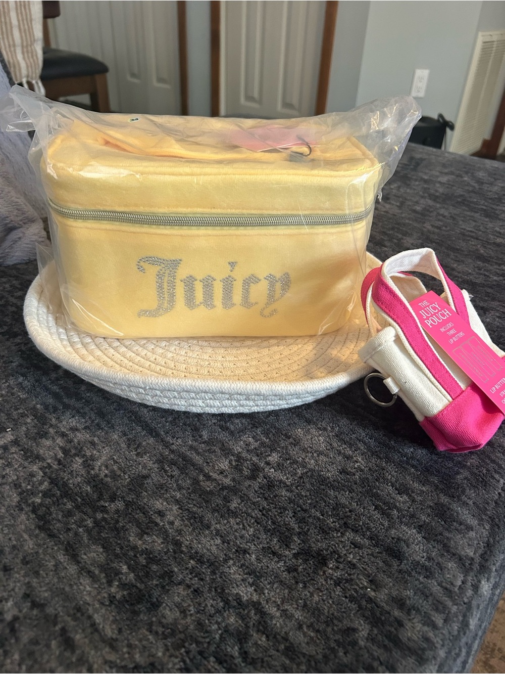 Juicy Couture Yellow Velvet Travel Case and 3 piece Juicy lip gloss